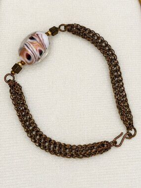 Vintage Style Bronze Multi Strand Chain Bracelet Lampwork Glass Bead